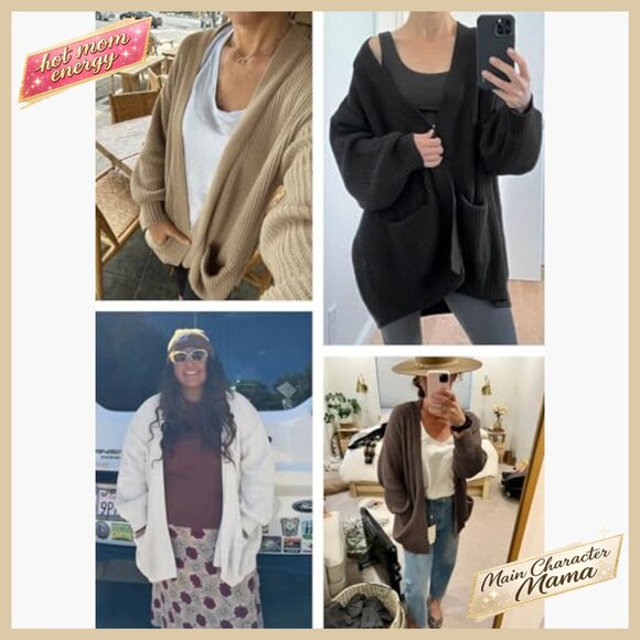 Oversized Chunky Knit Cardigan Sweater Open Front with Pockets Y2K Chic - Picture 6 of 7